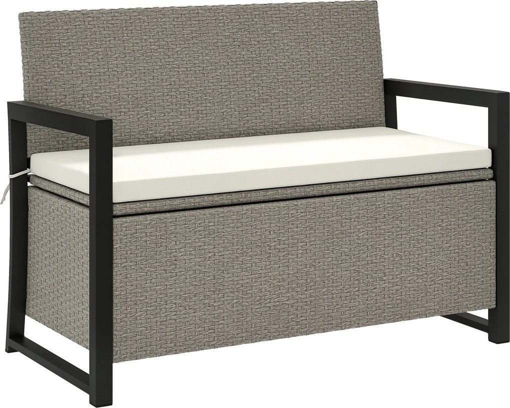 Outsunny 2 személyes rattan tárolópad 151,5L rekesszel, kültéri tárolópad háttámlával és karfákkal, kertipad mosható párnával, krém színben | Aosom