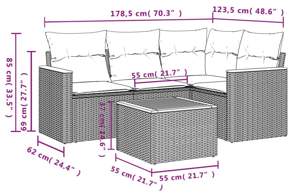 5 részes fekete polyrattan kerti kanapészett párnákkal