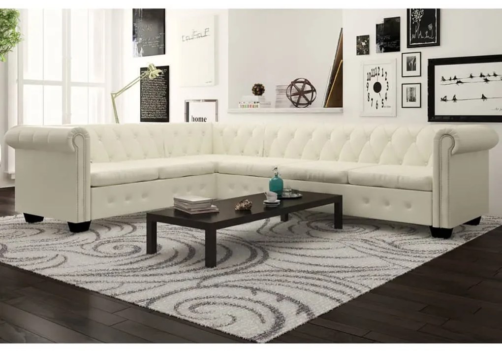 6 személyes fehér műbőr Chesterfield sarok kanapé