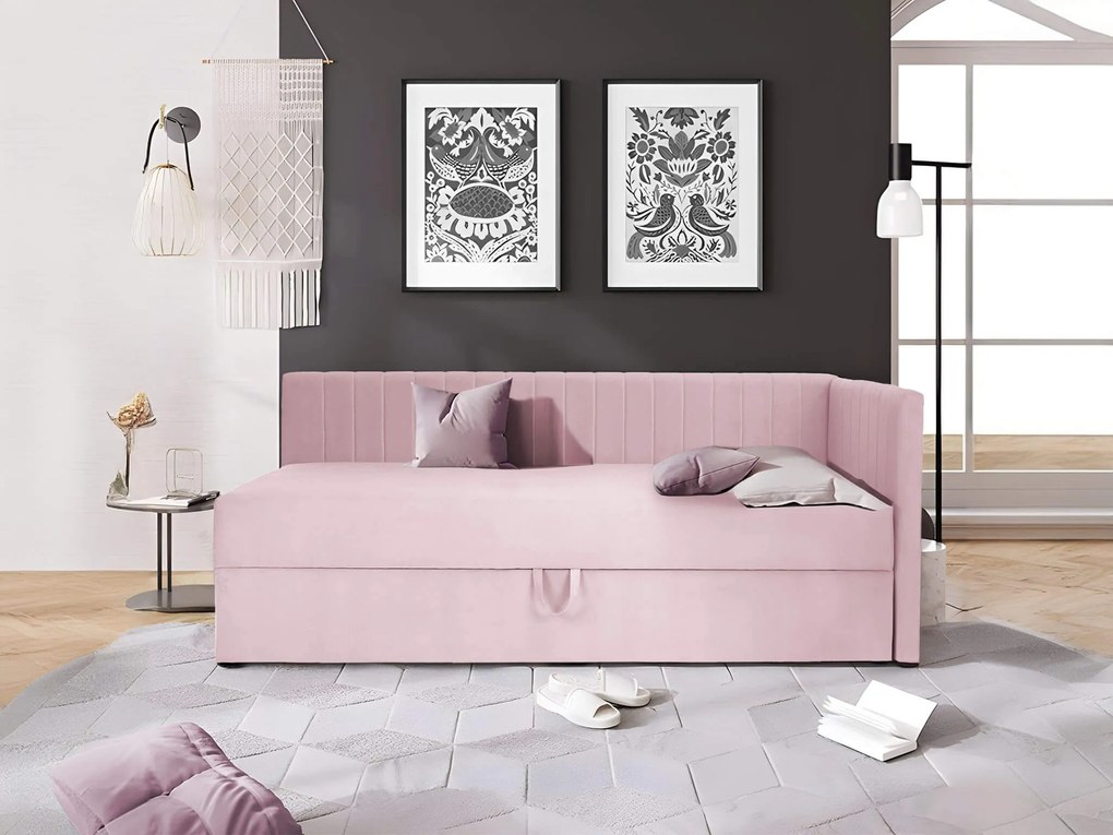 Wilsondo TEODOR saroktámlás heverő ágyneműtartóval 90x200 - rózsaszín