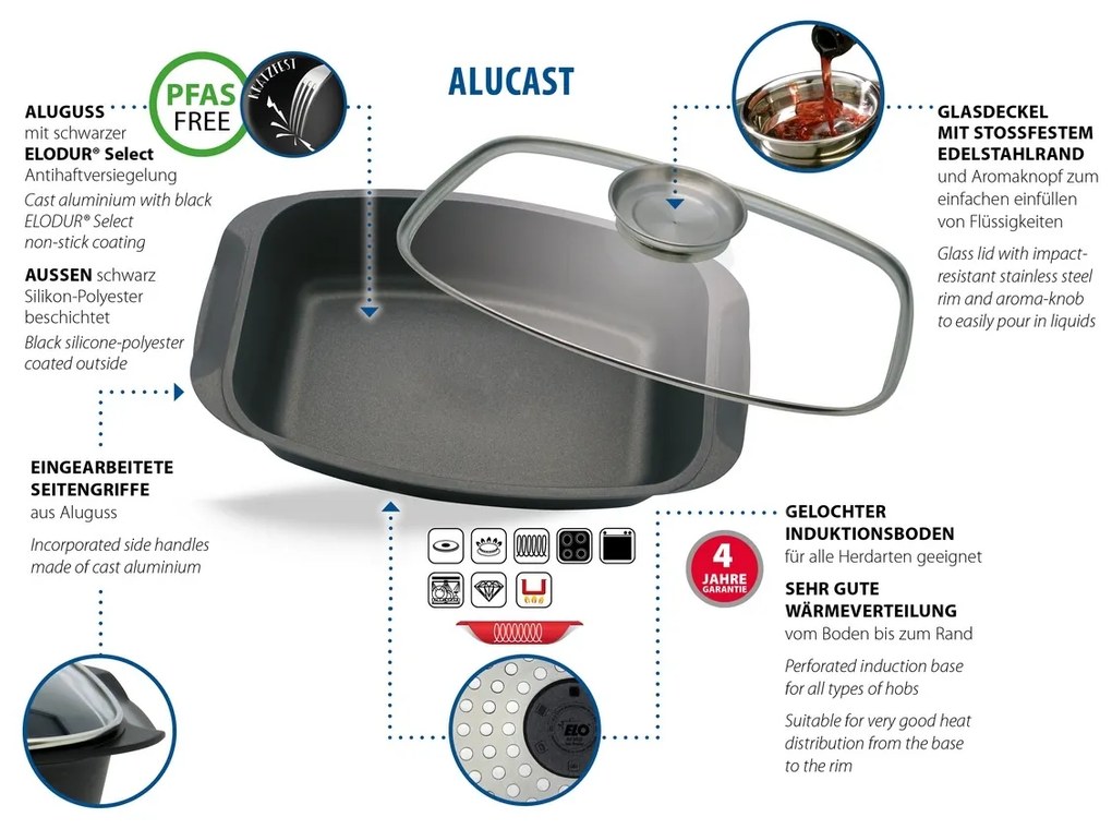 Elo 84932 Sütőedény üveg fedéllel és aromafogantyúval Alucast 40 x 22 cm