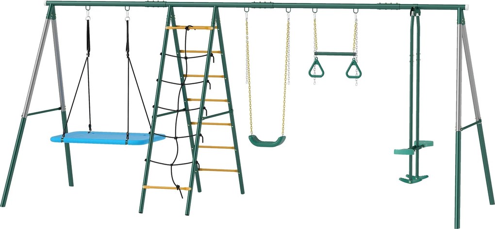 AIYAPLAY 5 az 1-ben gyerekhinta – acél A-váz (max. 350 kg), állítható fészekhinta, tornagyűrűk, dupla ülés és mászókeret, 440 x 175 x 203 cm | Aosom