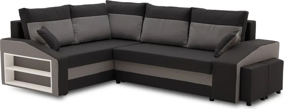 Grande sarokkanapé polcokkal és puffokkal , polc a bal karfaban puffok a jobb karfaban, baloldali, szövet anyag, bonell töltet, fekete - szürke