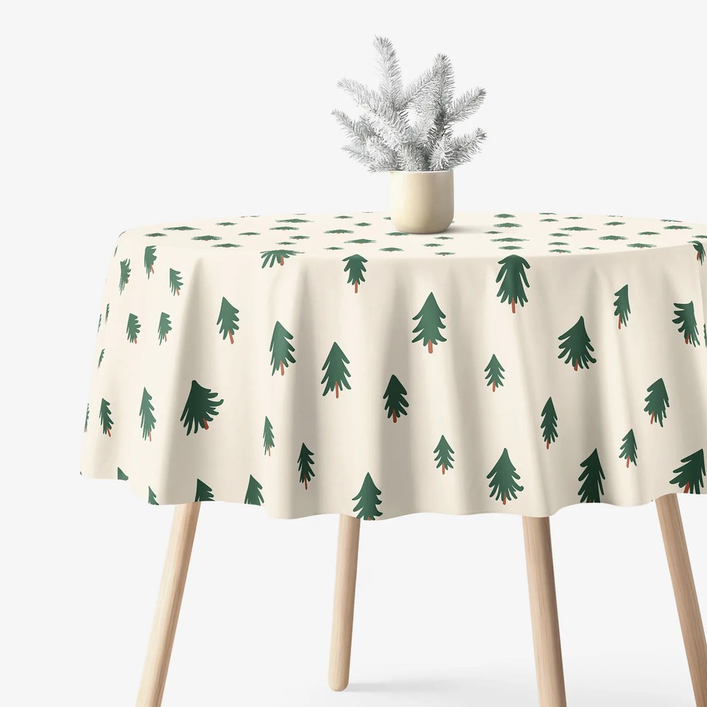 Goldea karácsonyi kör alakú terítő - extra erős 100% - os pamut - karácsonyfák bézs alapon Ø 110 cm