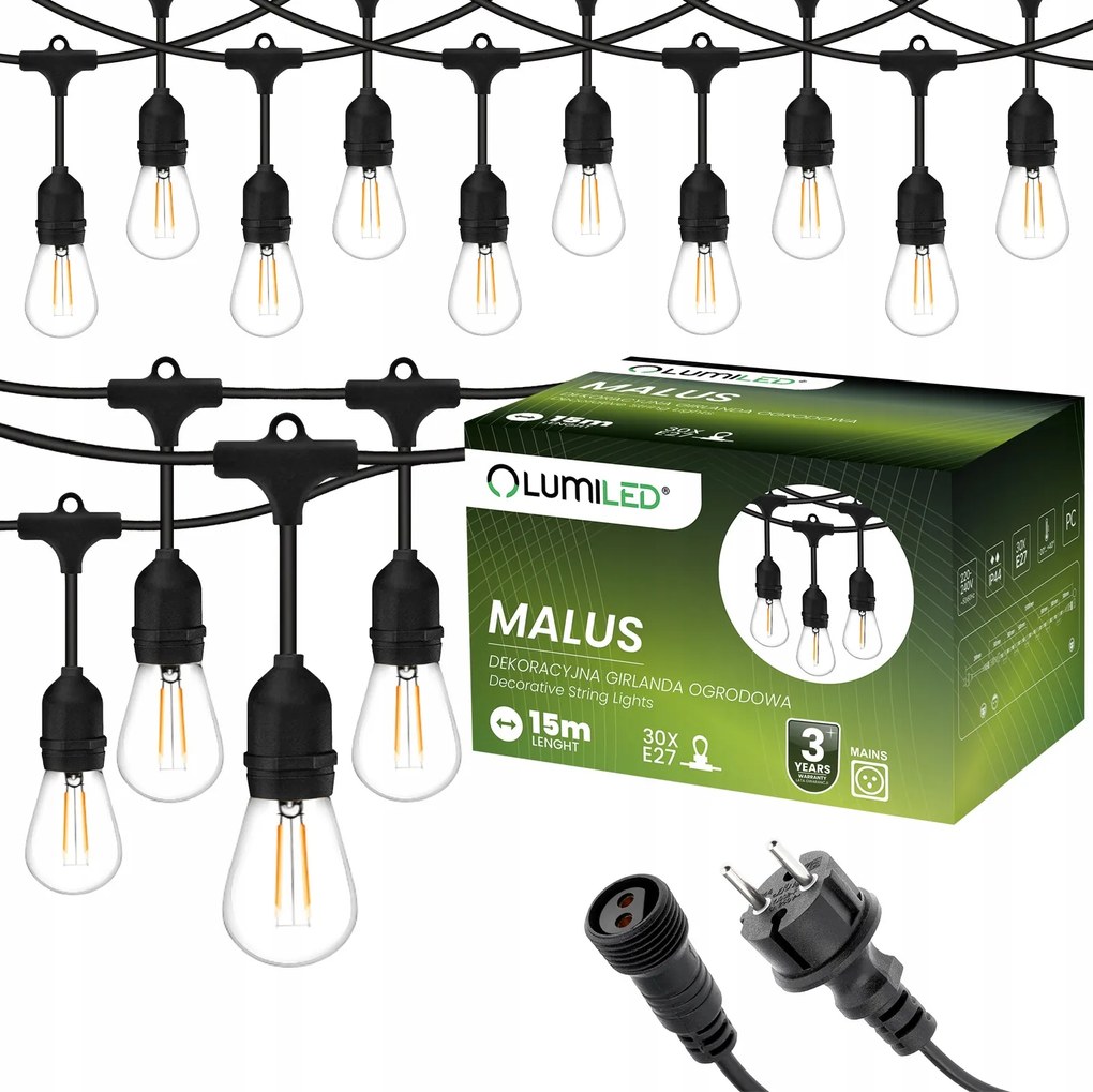 Kerti girland Kültéri Lánc Led izzó 15m 30x E27 2W Prémium