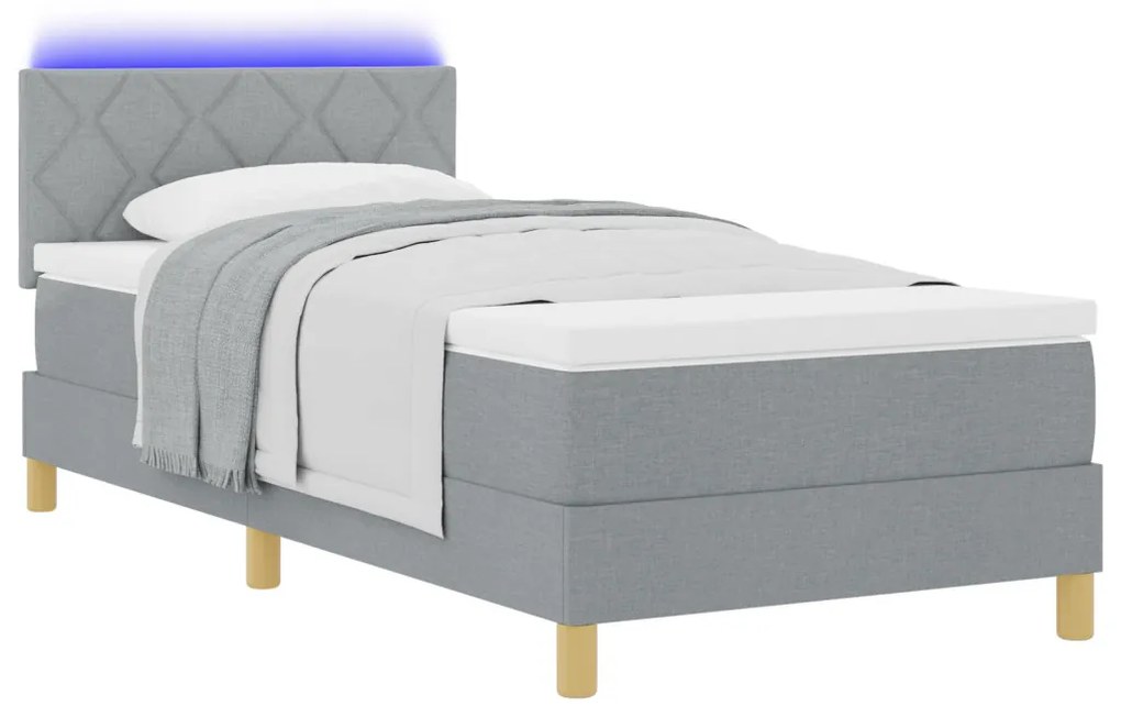 Box Spring ágy matraccal és LED világítással, világosszürke, 90x200 cm, szövet