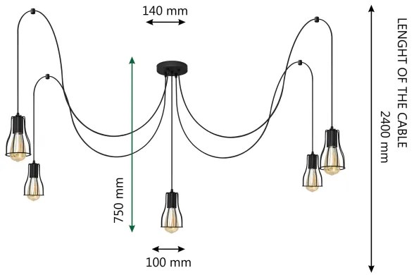 Csillár zsinóron TUBE LONG 5xE27/10W/230V fekete