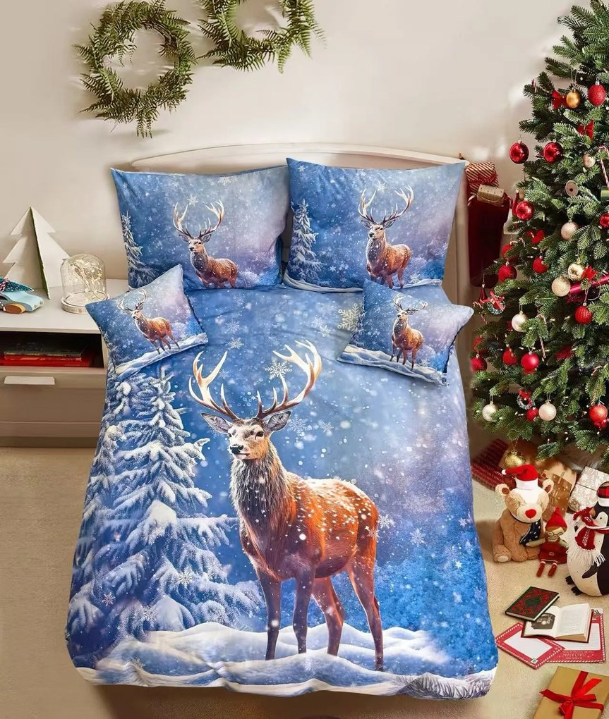 3D Pamut ágyneműhuzat FROSTED DEER kék + párnahuzat 40x50 cm ingyenes Ágyneműhuzat mérete: 70 x 90 cm | 140 x 200 cm