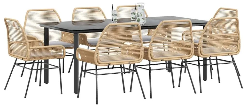 vidaXL 9 észes barna polyrattan üveg kerti étkezőgarnitúra párnával