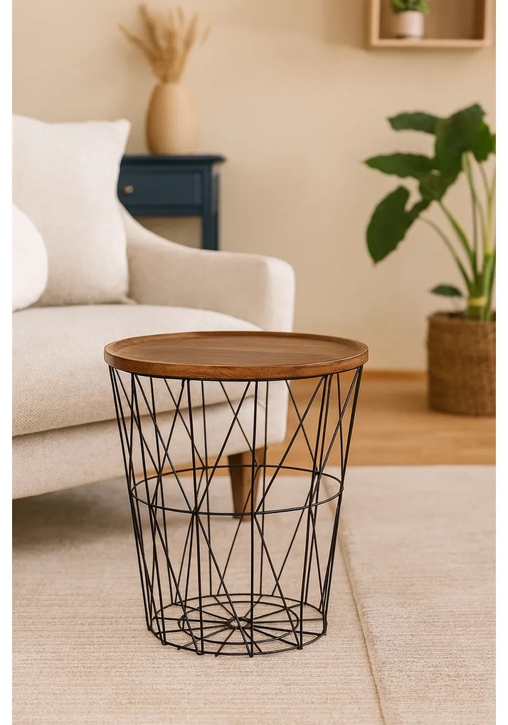 Drótkosárka tárolóasztal MDF lappal 37 x 39 cm,fekete