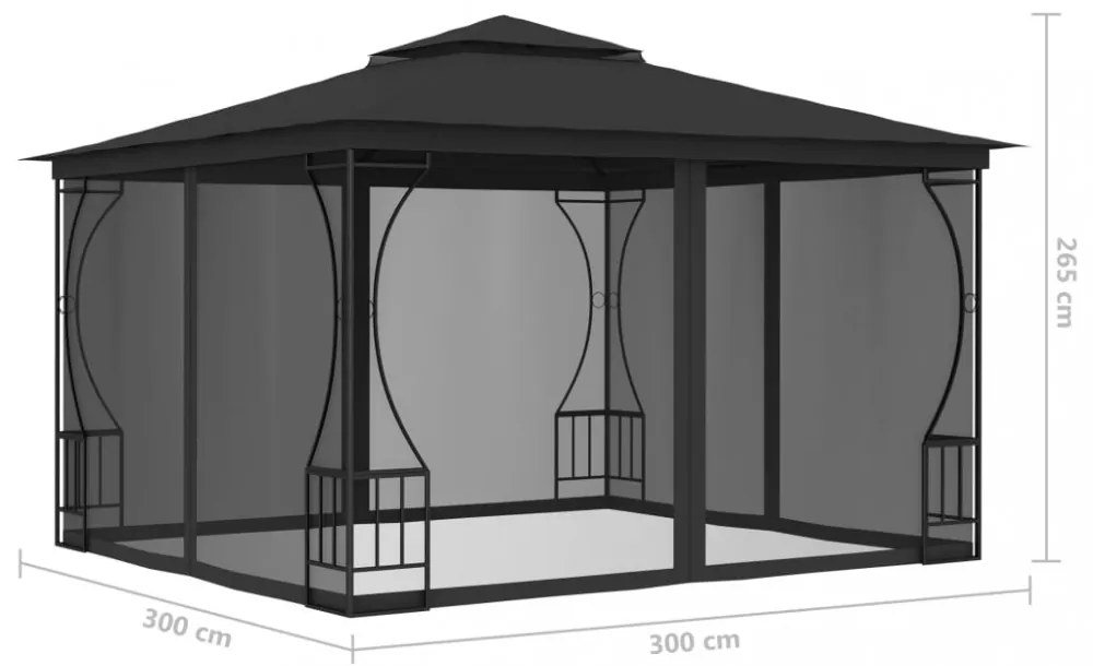 antracitszürke pavilon hálóval 300 x 300 x 265 cm