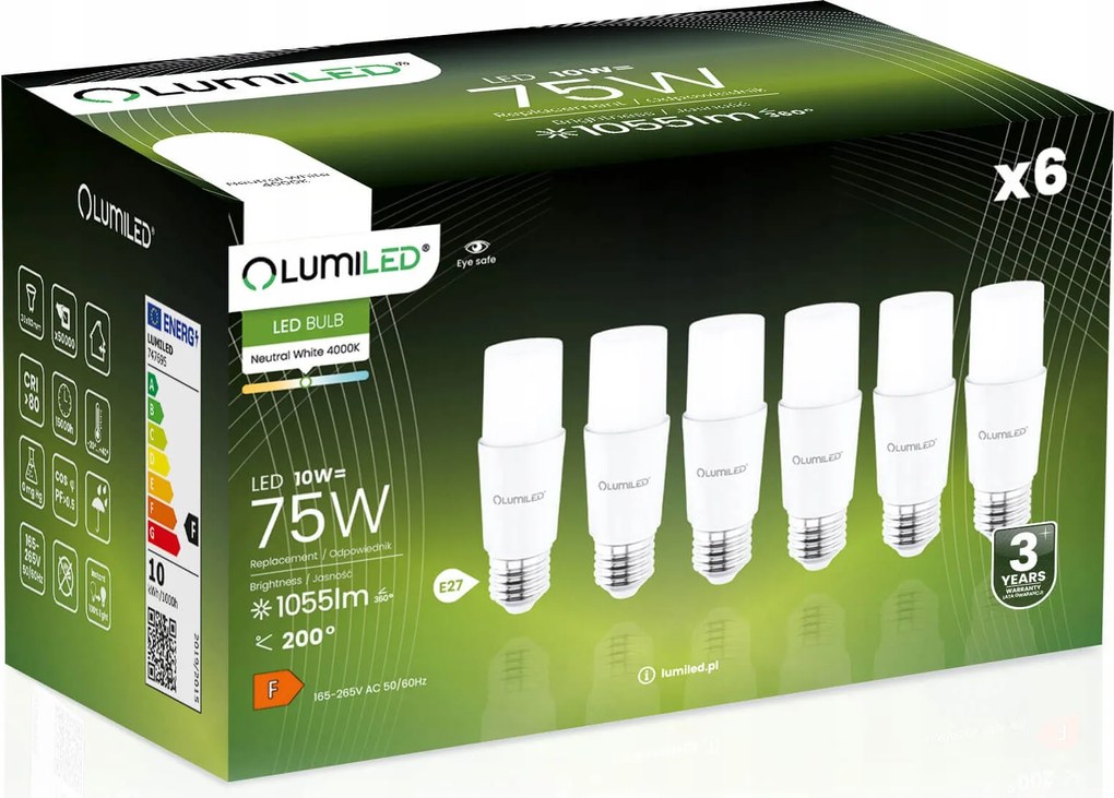 6x Led izzó Stick Tuba E27 10W 75W 1055lm 4000K Semleges Tubuláris