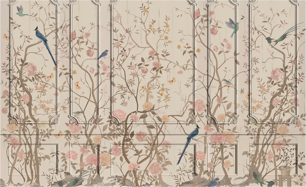 Flizelin tapéta Divatos 3D fali ragasztó Madarak és virágok 416x254 Ragasztó