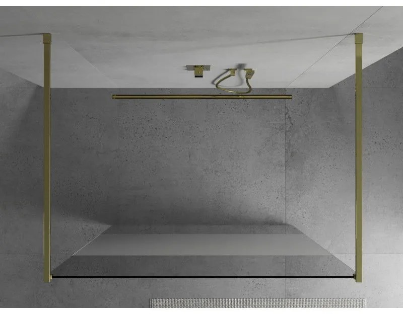 Mexen Kioto, átmenő zuhanyparaván 140 x 200 cm, 8mm átlátszó / jegesedés üveg, 2x arany stabilizáló távtartó, 800-140-002-50-35