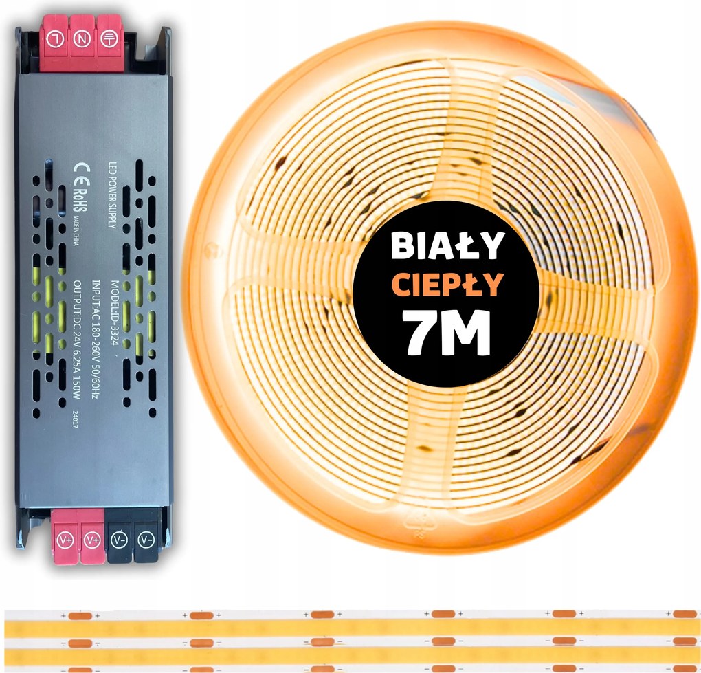 7M Cob Led szalag szett 480 dióda 3000K meleg fehér 24V 10W tápegységgel