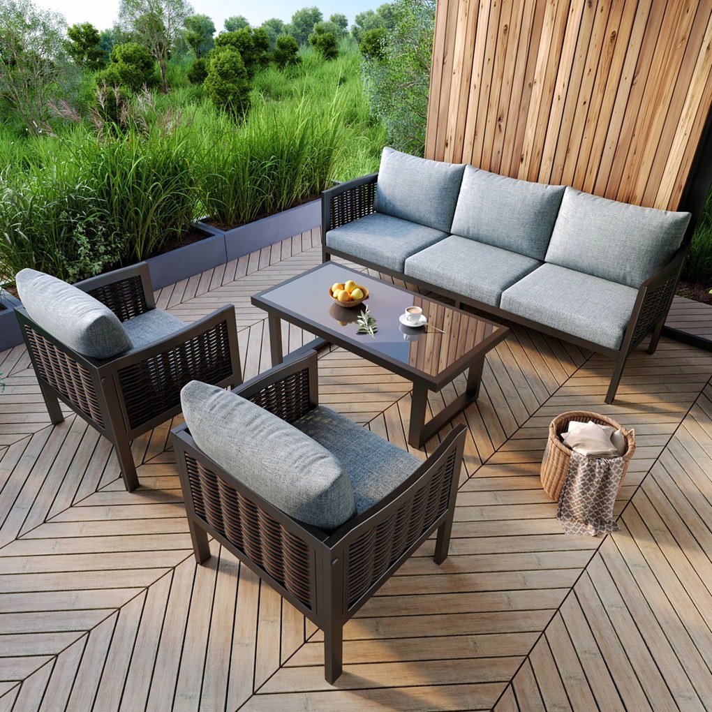 Kerti bútor szett, 3 személyes kanapé, 2 fotel és dohányzóasztal szürke