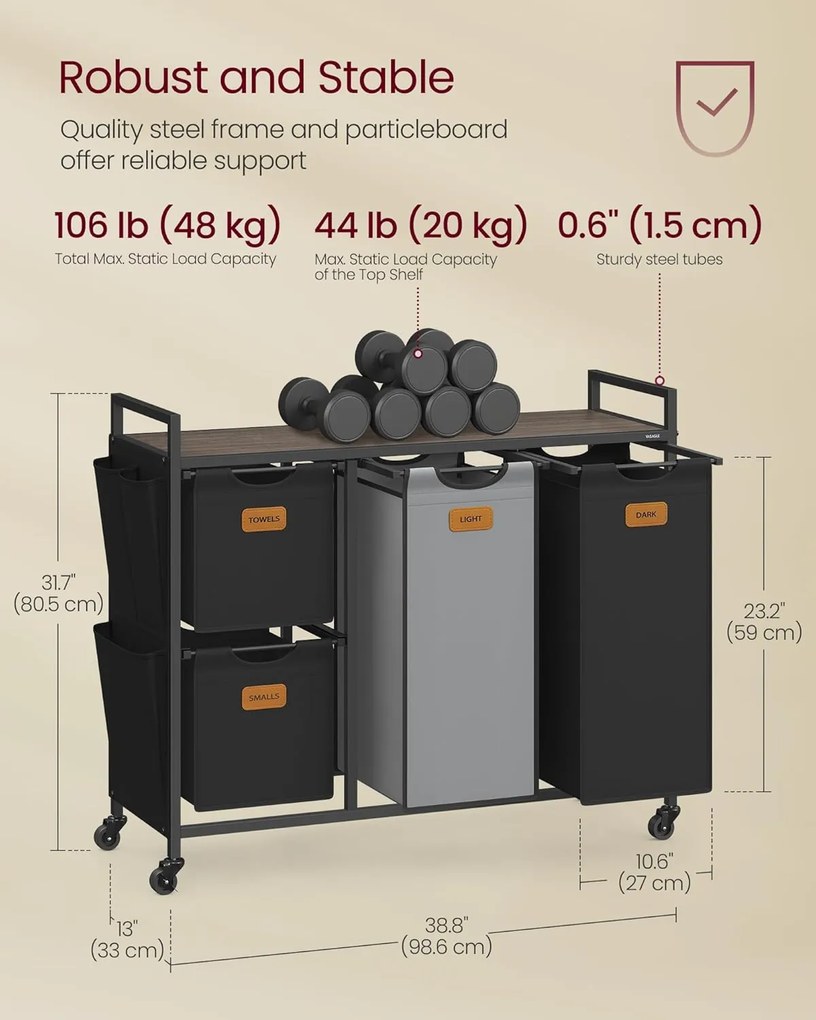 Szennyeskosár 4 rekesszel, 150 l-es ruhaválogató, fekete-szürke