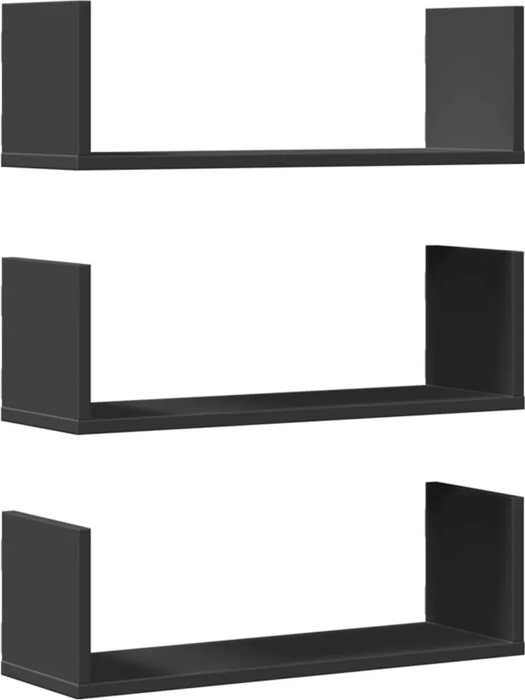 vidaXL 3 db fekete szerelt fa fali polc 58 x 18 x 18 cm