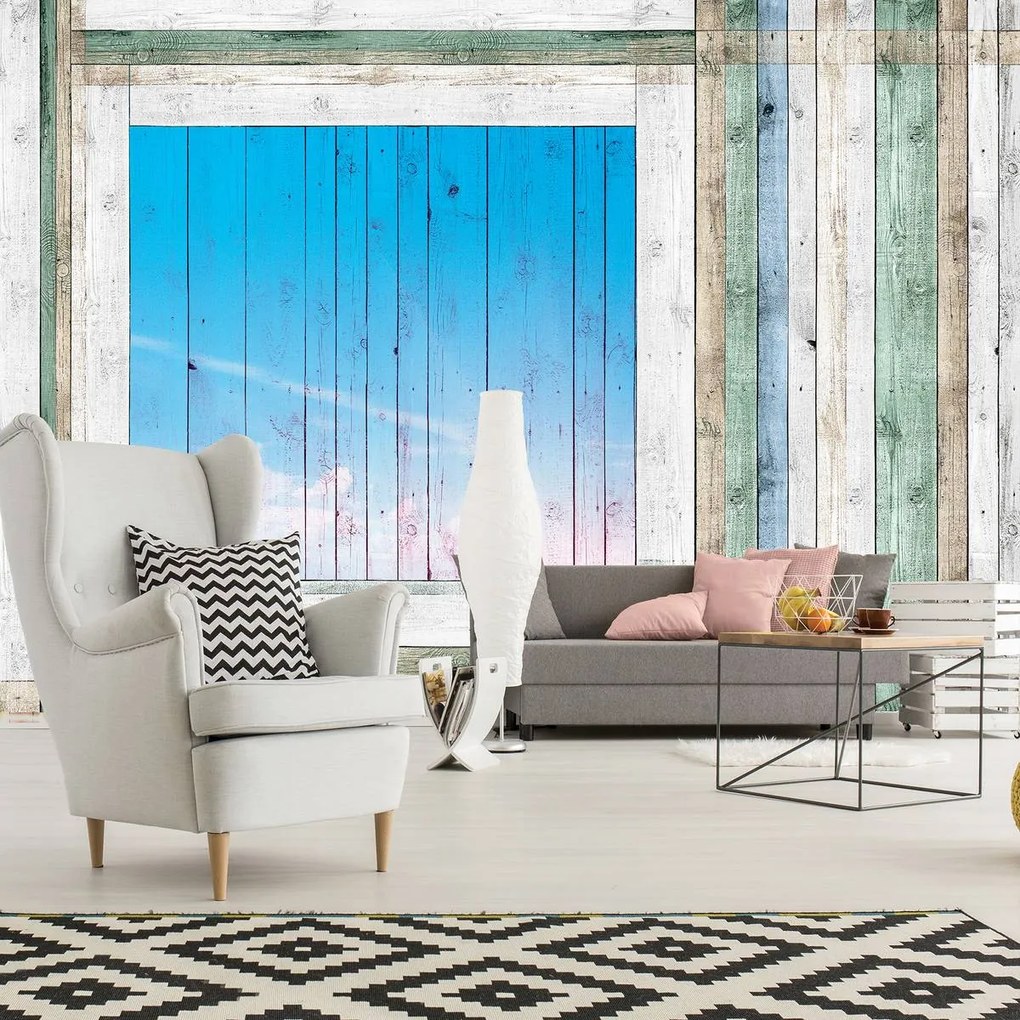 Fotótapéta - Fa deszkák - kék ablak (152,5x104 cm)