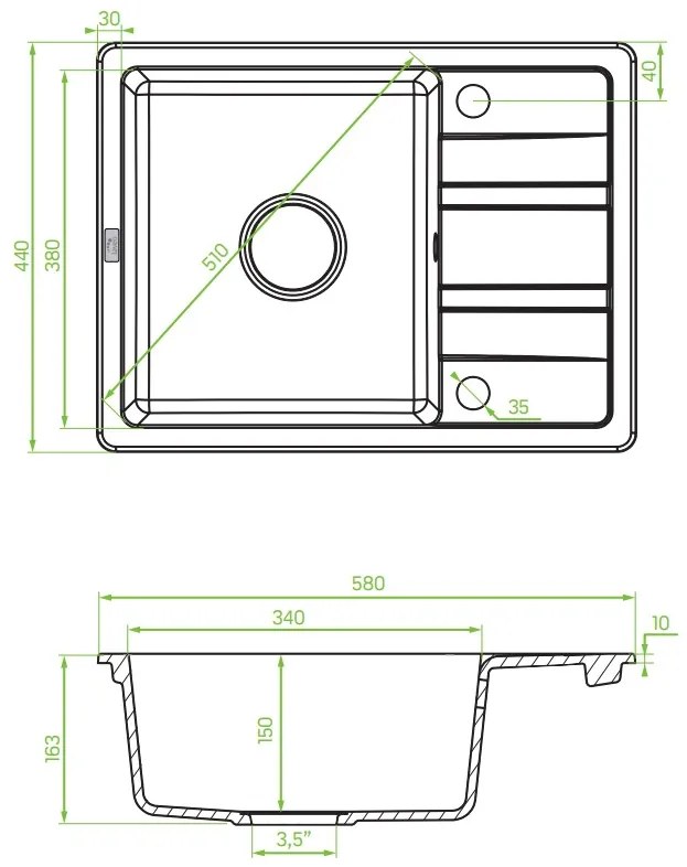 Laveo Stella, 1 kamrás gránit mosogató 580x440x163 mm, rövid lefolyóval, szürke, LAV-SBY_513T