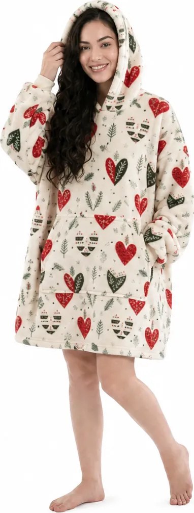 báránybunda hatású kapucnis, ujjas pléd WINTER HEARTS, színes kivitel