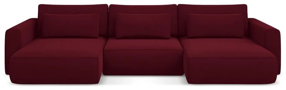 Borvörös bársony kinyitható-tárolóhelyes (U alakú) sarokkanapé Kapua – Makamii