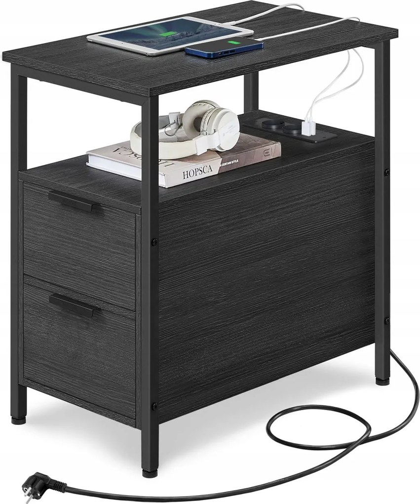 Fekete rusztikus dohányzóasztal éjjeliszekrény tápkábellel 2 fiókkal Loft