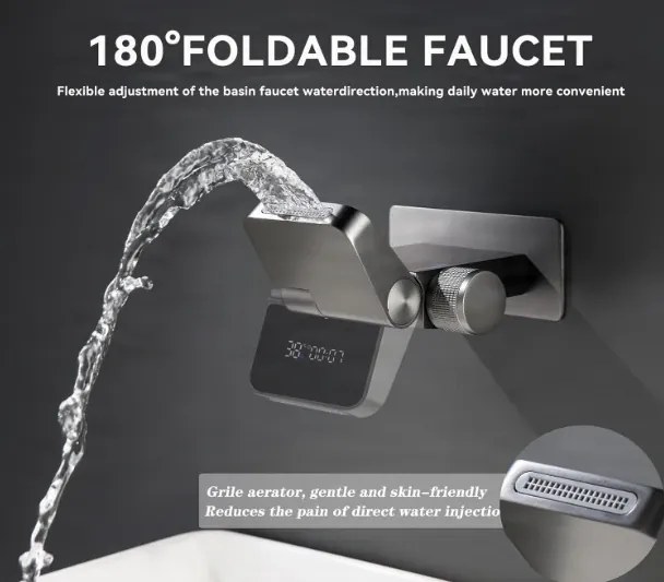 Fali fürdőszobai csaptelep ELITE EDITION BSW1500 hőmérséklet-kijelzővel, forgatható vízeséses kifolyóval, matt fekete és több színben — Króm