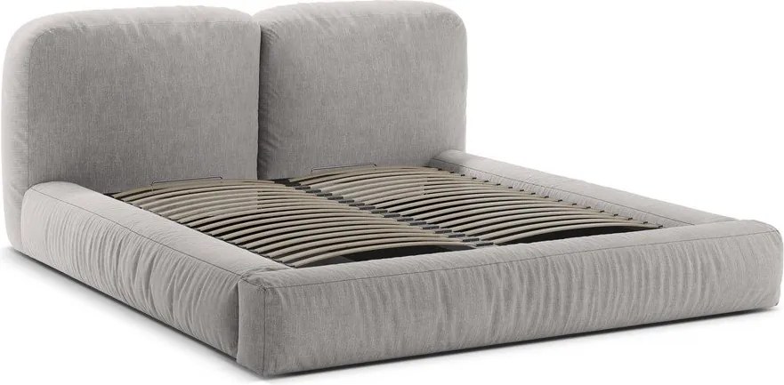 Világosszürke kárpitozott ágyneműtartós franciaágy ágyráccsal 200x200 cm Martina – Micadoni