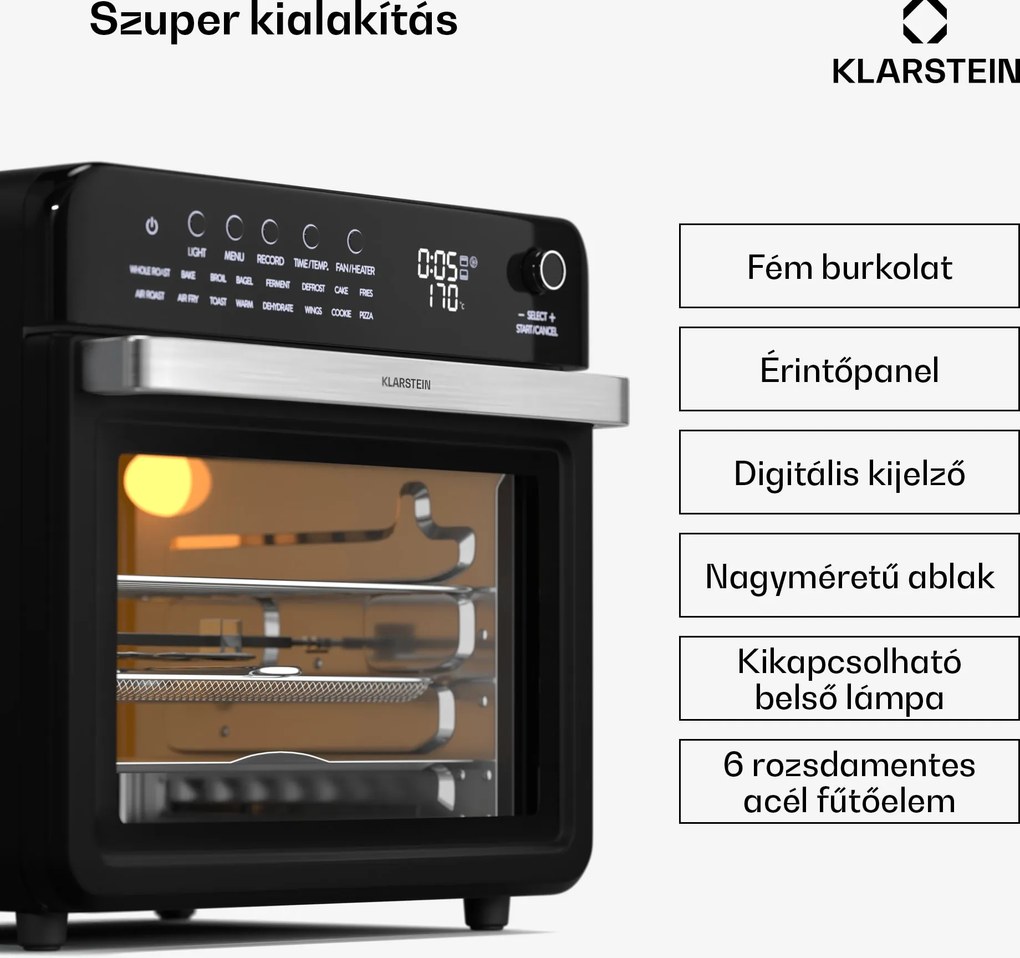Klarstein Air Glaze Digital forrólevegős fritőz, 2100 W, 16 program, alkalmazás, 34 liter, tartozékkészlettel együtt