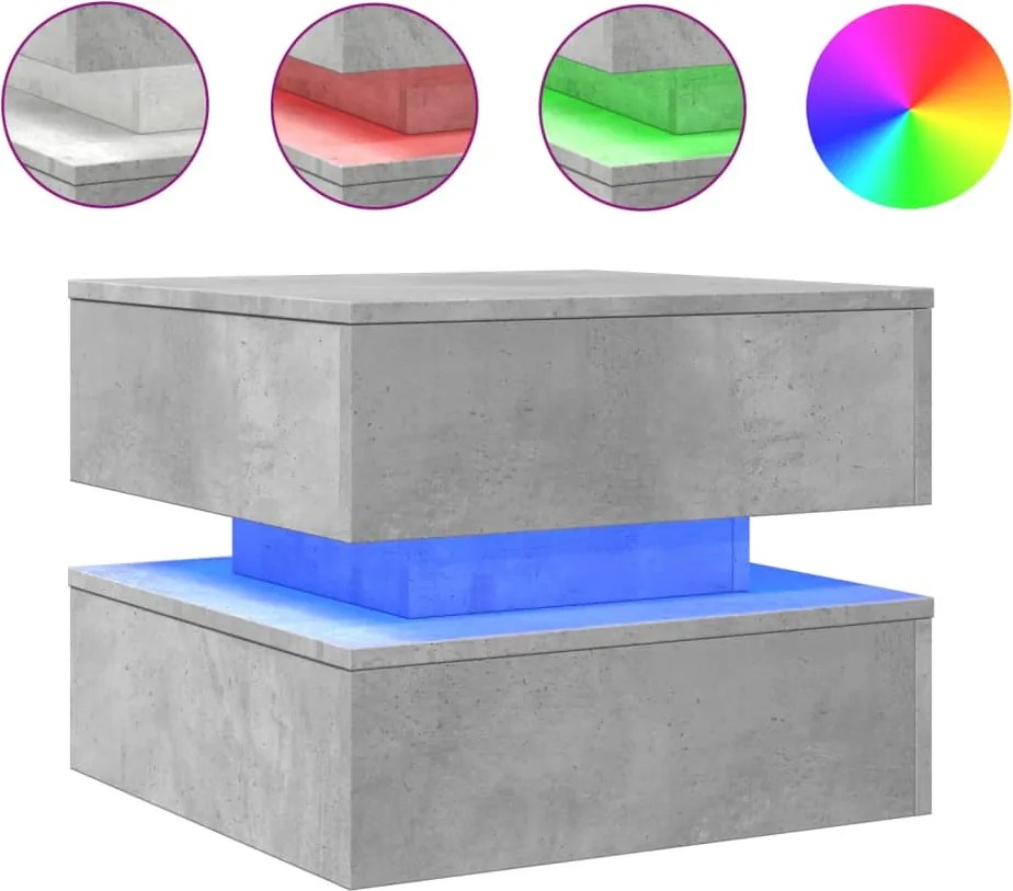 vidaXL betonszürke dohányzóasztal LED-lámpákkal 50 x 50 x 40 cm