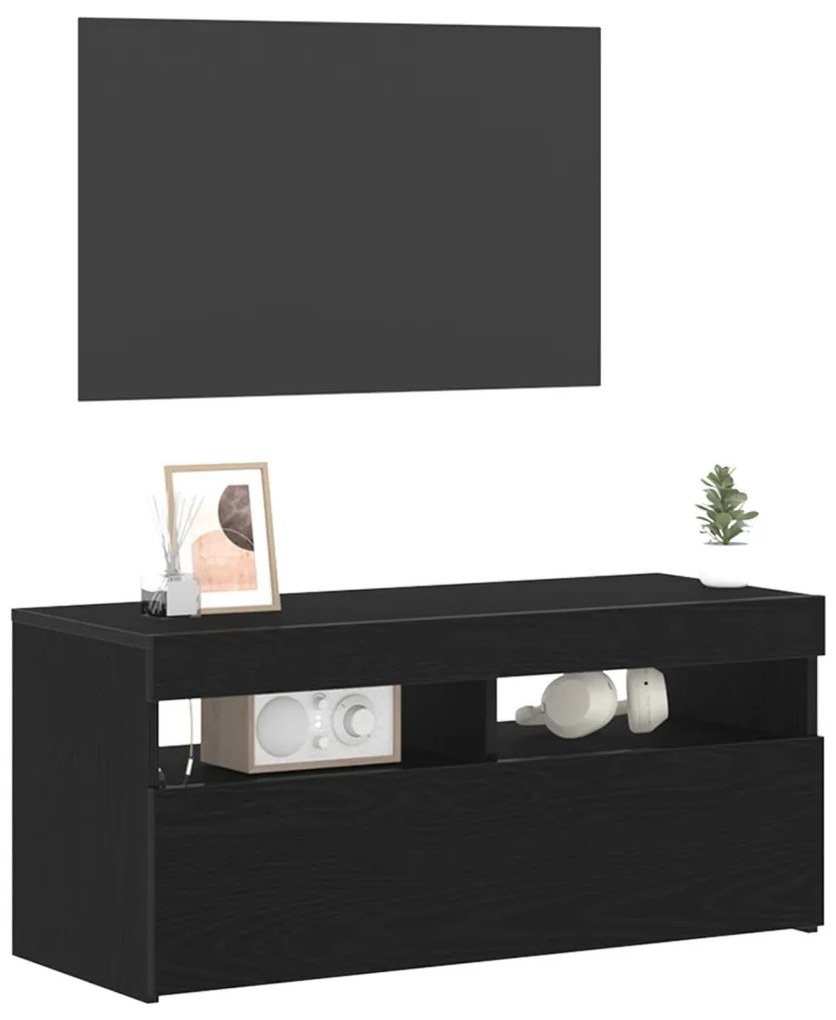 TV Szekrény LED Világítással, Fekete Tölgy, 90x35x40 cm, Műanyag, Fa