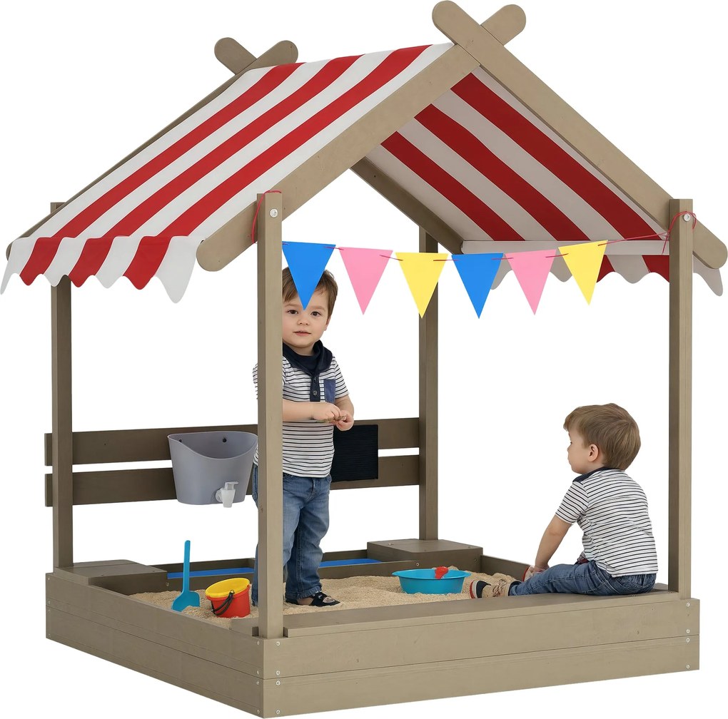 Outsunny Tetővel Ellátott Homokozó, Fa Homokozó Ülőhellyel, Játszóház, 124 x 116 x 146 cm Homokozó Fekete Táblával 3-7 Éves Gyerekeknek, Kert, Szürke