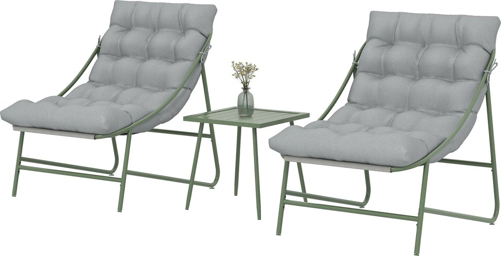 Outsunny 3 részes kerti bistro szett párnákkal — 2 lounge fotel és kisasztal, porszórt acélváz, világosszürke | Aosom