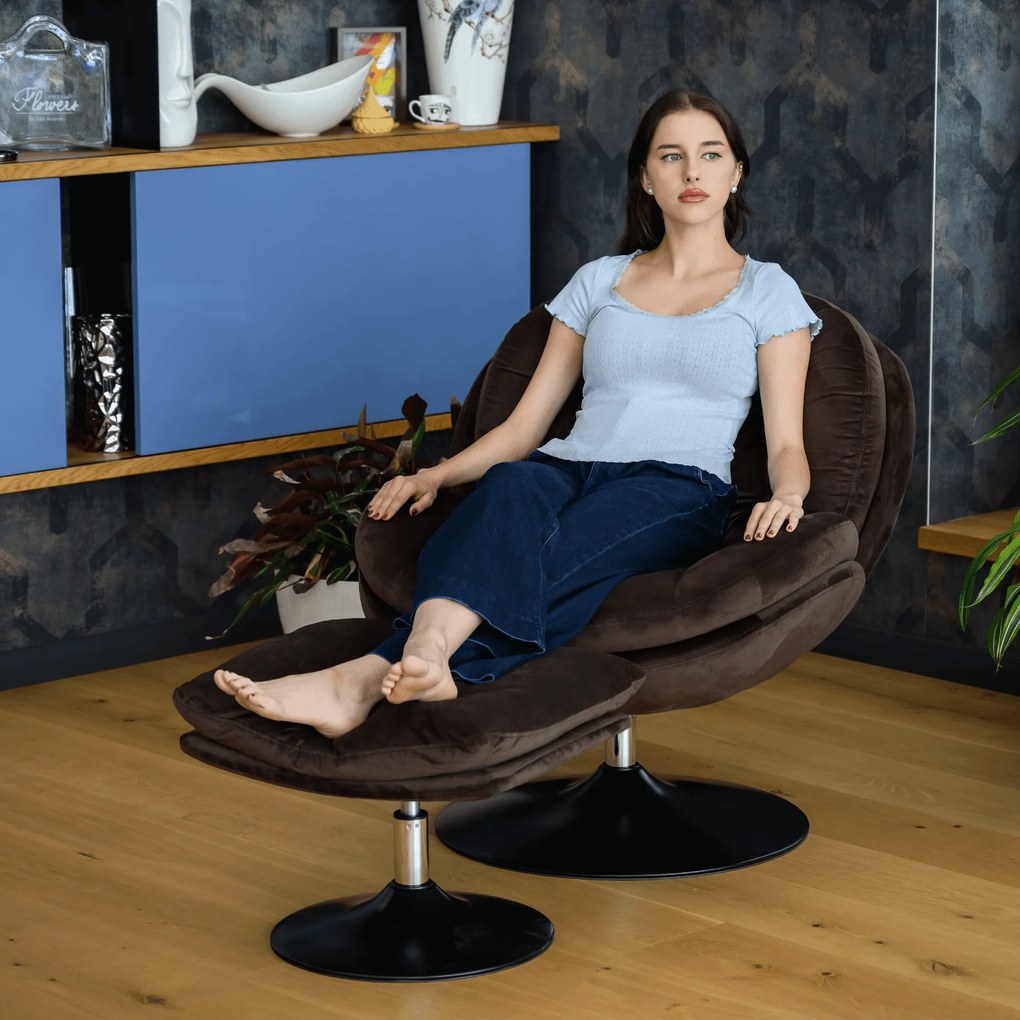 Luxus forgófotel lábtartóval, barna Velvet szövet, ADELMO