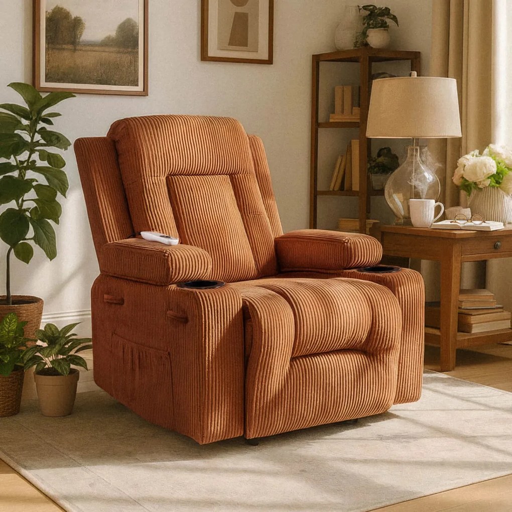 Masszírozós dönthető fotel vörösesbarna színben, kordbársony kárpittal BOX