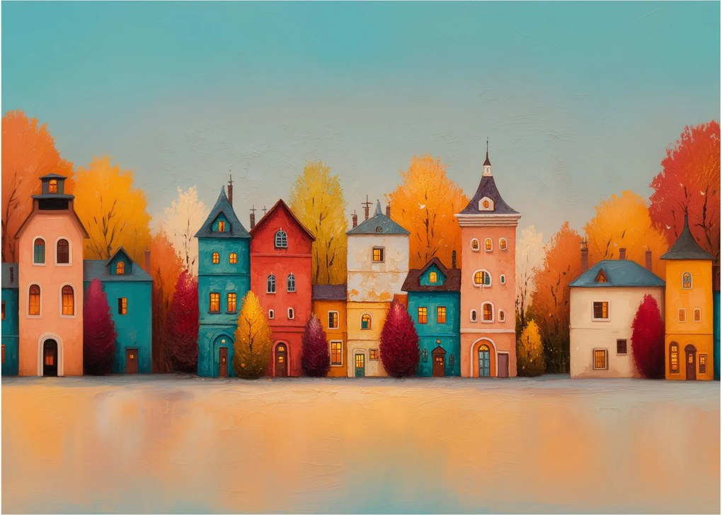 Üveg kép - Őszi falu (70x50 cm)