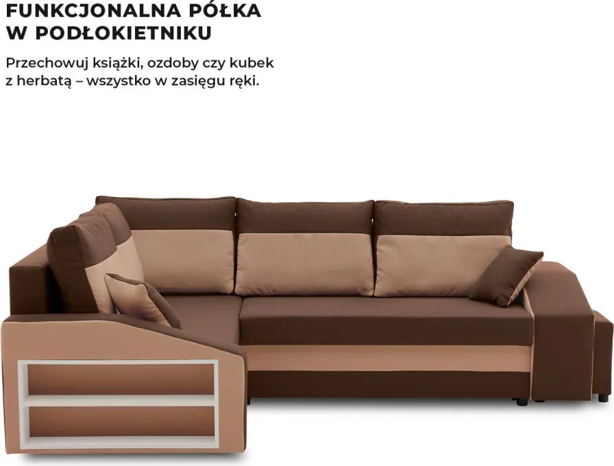 Grande sarokkanapé polcokkal és puffokkal , polc a bal karfaban puffok a jobb karfaban, baloldali, szövet anyag, hab töltet, barna