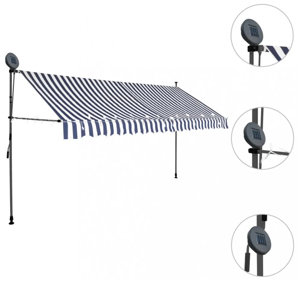 kék és fehér kézzel kihúzható LED-es napellenző 400 cm