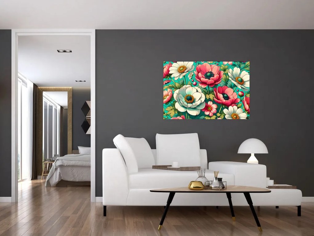 Kép - Virágok kék háttéren (90x60 cm)