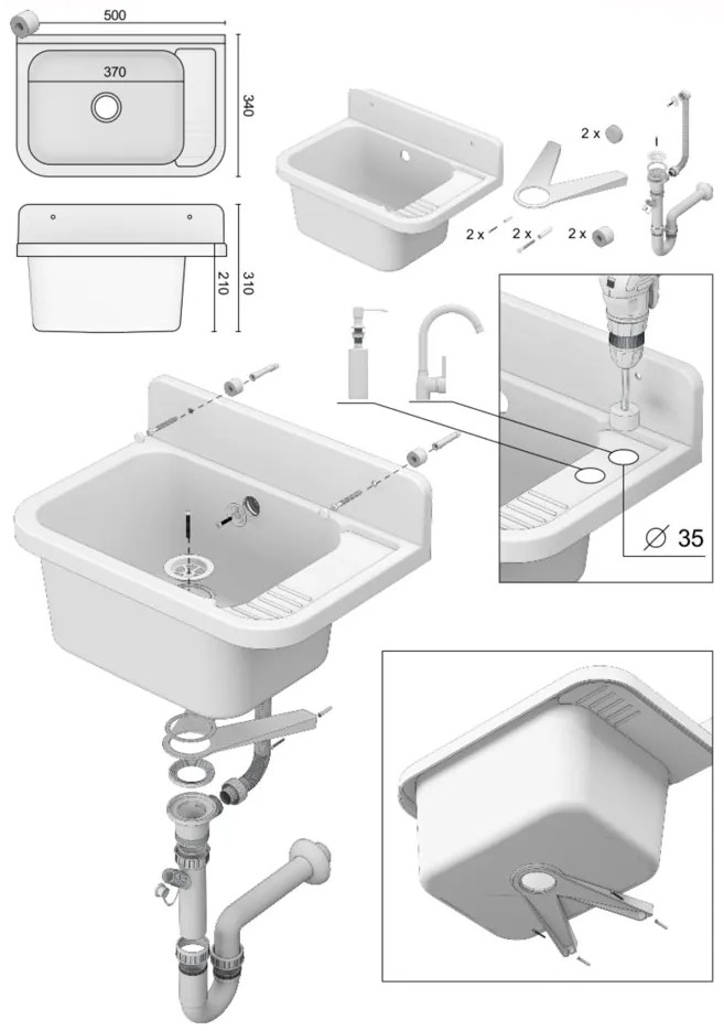 Mosogató Quality Universe, univerzális műanyag mosogató 50x34x31 cm + szifon, 1 kamrás, fekete, SKQ-KGK50-BK