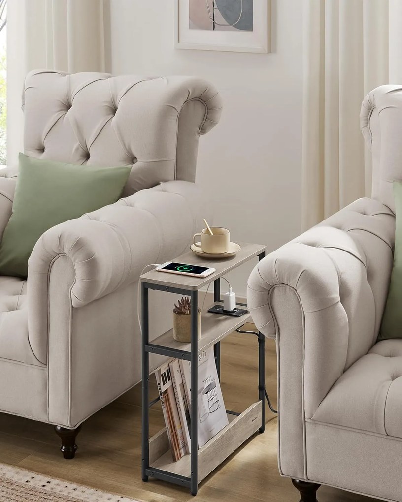 Keskeny oldal asztal töltő funkcióval 3 polcos, 18 x 45 x 58 cm Greige szürke fekete lábakkal