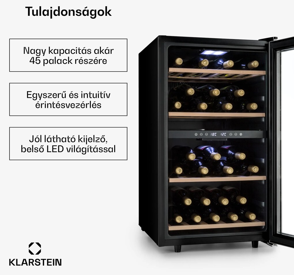Klarstein Vinamour 45D, borhűtő, 118 liter, 45 palack, 5 - 18 °C, 2 zóna, rozsdamentes acél