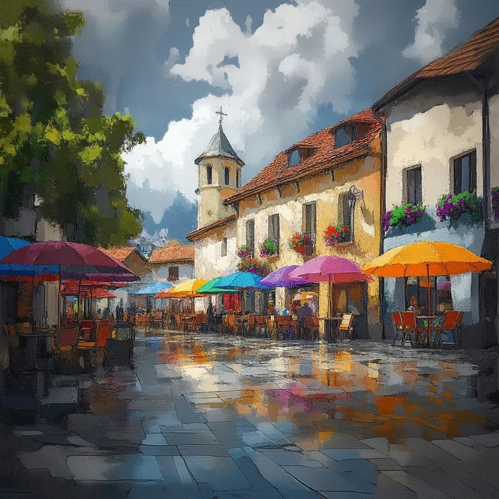 Vászonkép Canvas Város Tér Utca Kávézók Napernyők Templom 80x80