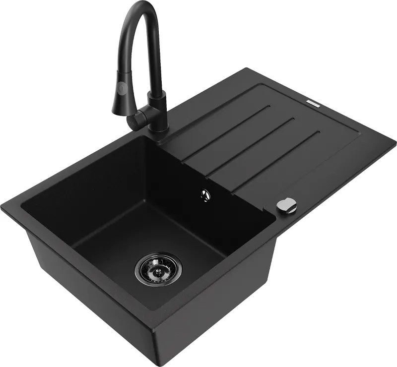 Mexen Bruno egymedencés gránit mosogató csepegtetővel és Elia konyhai csappal, fekete - 6513-77-670101-70-B