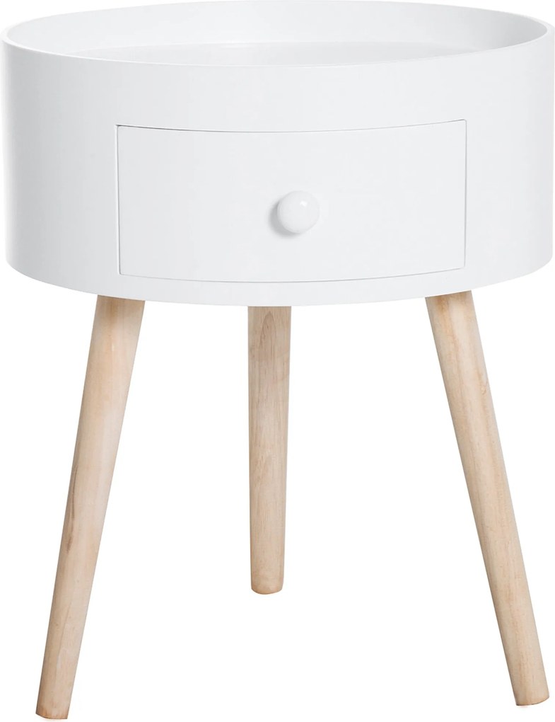 HOMCOM Kávasztal, Nappali Asztal Fiókkal, Kerek Oldal Asztal Fa Lábakkal, 38 x 38 x 45 cm, Fehér | Aosom