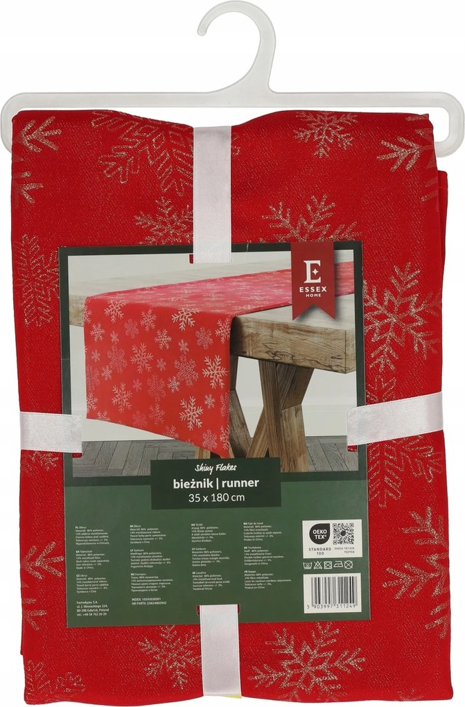 Abrosz Ünnepi Asztalterítő 145X220 Shiny Flakes Piros Arany Hópihékkel