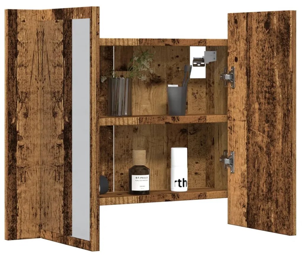 antik fa színű szerelt fa tükörszekrény LED-del 60x12x45cm
