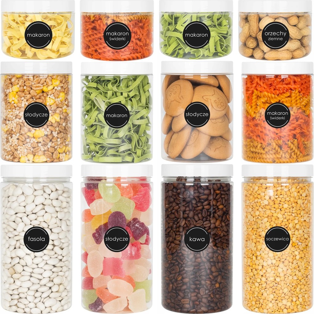 12x Befőttesüveg Élelmiszer Tartály Ömlesztett Termékek 0,5L 1L 1,5L Öntapadó Címkék