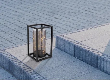 Globo 33816 Solar asztali lámpa fém fekete keret, füstszínű akril búra. IP44, kapcsolóval, inkl. 1xAA 1,2V, HxSZxM:140x140x250, inkl. 30xLED 0,06W 3V, 3000K